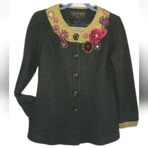 Vintage BOILED Wool Embroidered Icelandic Design w/ Silk Appliqué & Pockets